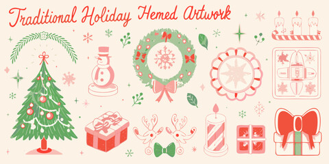 Collection of traditional christmas and holiday themed hand drawn artwork elements © Bijon