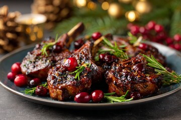 Winter Spice Lamb Chops on plate with cranberries and rosemary, soft warm lighting. Concept of cozy winter dish featuring lamb chops marinated in a blend of winter spices.