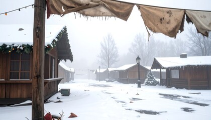 A serene winter morning view of a traditional holiday market street, blanketed in fresh snow with charming wooden stalls and festive banners under a mystical misty sky