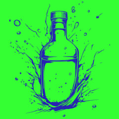 Dynamic water bottle sketch with a splash effect, blue and green, representing hydration and refreshment