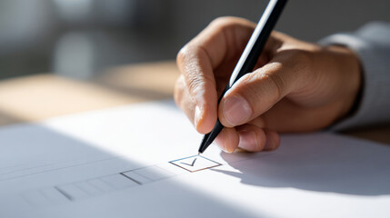 Naklejka premium Close-up of hand holding pen marking a check in a checkbox on a paper form with soft natural lighting and shallow depth of field