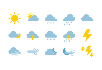 Obraz premium A clean and modern flat weather icon set featuring sun, cloud, rain, snow, and lightning in blue and yellow tones