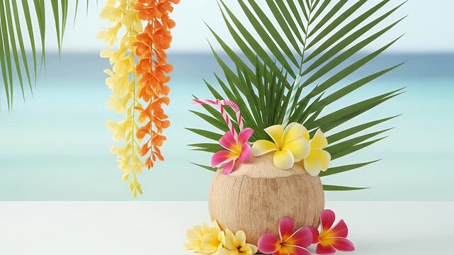 Serene Tropical Beach Scene with a Refreshing Coconut Cocktail, Plumeria Flowers, and Palm Leaves