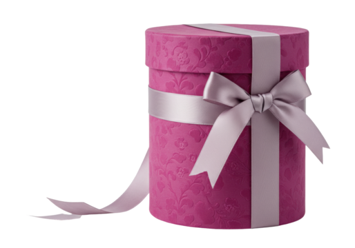 Isolated Floral Round Gift Box, Purple Pink Present with Silver Ribbon and Bow, Celebration Gift