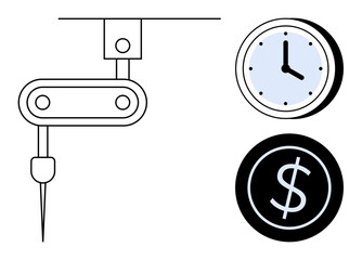 Robotic arm performing a task next to a clock and dollar sign, denoting automation, productivity, time tracking, and economic efficiency. Ideal for technology, business, manufacturing, time