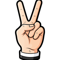 Vector illustration of a hand making the peace sign, fingers forming a V shape, isolated on white.