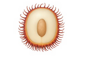 Rambutan fruit cross section with seed, presenting healthy exotic tropical food and sweet juicy flesh texture