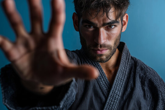 Intense martial artist reaching forward in textured dark gi &mdash; dramatic close-up portrait with focused gaze, strength, discipline and determination