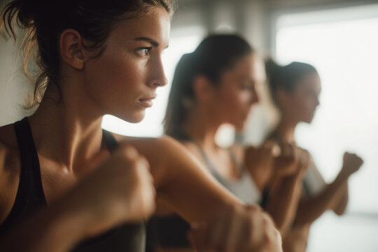 Focused female athletes training in a boxing fitness class &mdash; intense group workout showing strength, determination and empowerment in a modern gym