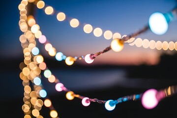 Colorful String Lights with Bokeh Against a Twilight Sky (19