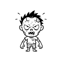 Spooky angry cartoon zombie kid, cracked head, menacing stare, torn clothing vector illustration