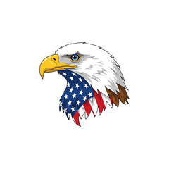 Strong bald eagle head illustration with American flag design, majestic bird, patriotic symbol, vector graphic