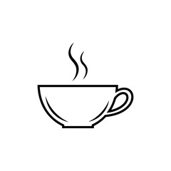 Minimalist hot steaming coffee cup icon, black and white line art vector graphic, beverage symbol.