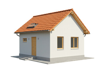 Isolated modern house with orange tile roof, front view on neutral background in daylight