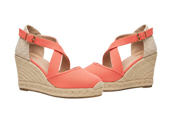 Isolated Espadrille wedge sandals with crossed strap in peach, women's summer shoes