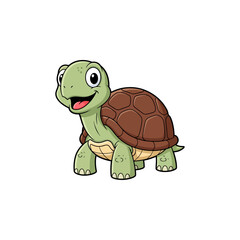 Happy cartoon turtle illustration, cute green tortoise character, smiling animal graphic, isolated white background.