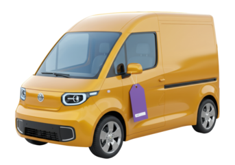 Isolated yellow delivery van with a price tag for sale in a dealer shop or car market