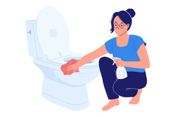 Illustration of Cleaning the Toilet. A woman is scrubbing and spraying disinfectant on a toilet, visualizing the task of cleaning the bathroom and maintaining strict home