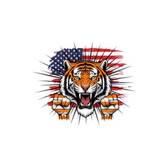 Powerful roaring tiger head, strong fists, American flag background, patriotic wild animal vector illustration