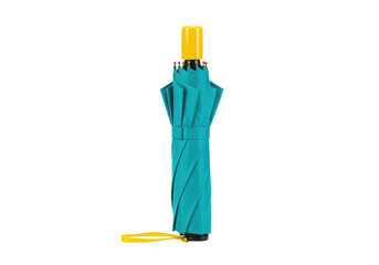 Isolated compact turquoise umbrella with yellow accents, protection from the rain or sun