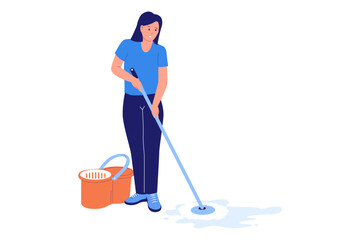 Illustration of Mopping the Floor and House Cleaning. A woman is mopping the floor next to a bucket of water, illustrating the routine of house cleaning, floor maintenance, and domestic hygiene chores