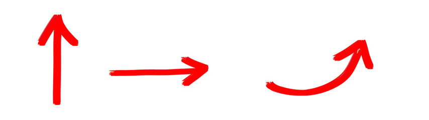 hand drawn symbols - set collection of red arrow pointing up, grunge red arrows isolated on transparent or white background png