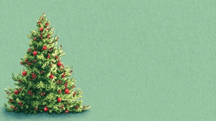 Festive Christmas tree adorned with red ornaments stands against a soft green background, creating a cheerful holiday atmosphere with ample copy space for seasonal greetings