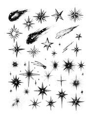 Star icons black ink sketch vector set. Stipple effect cosmic elements celestial bodies shooting stars comets hand drawn vintage engraving style astronomical illustration isolated art on white