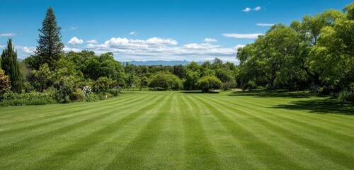 Fototapeta premium Expansive Well-Maintained Green Lawn with Mowed Stripes and Surrounding Trees