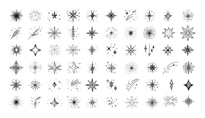 Stars hand drawn black ink sketch vector set. Celestial elements sparkles bursts fireworks cosmic glimmers zodiac flashes thin line doodles astrological symbols decoration isolated artworks