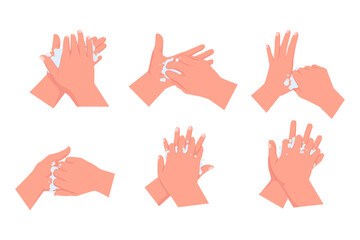 Illustration Set of Hand Washing Technique Steps. A set of illustrations showing the proper sequence of steps for washing hands, including rubbing palms, back of hands, fingers, and nails