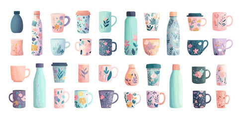 Travel mugs thermoses cartoon vector set. Floral pattern design cute pink blue colors hot beverage container coffee cup set water bottle sticker pack botanical art drinkware isolated illustration