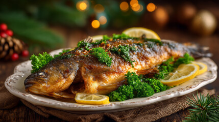 Traditional Fried Carp with Lemon and Parsley for Polish Christmas Feast