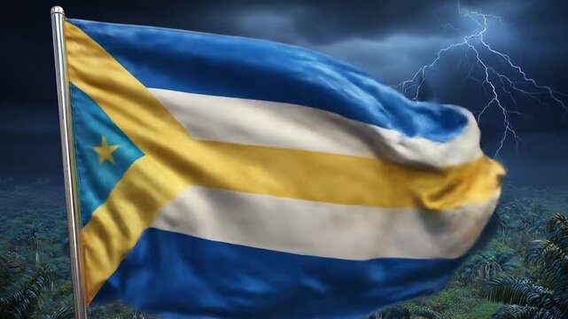 A flag with blue, white, and gold, with a star and a triangular pattern, waves in stormy weather