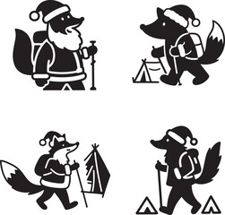 Cartoon Illustration of a Fox Dressed as Santa Claus with Hiking and Camping Gear, Perfect for Holiday Adventure and Outdoor Themed Designs