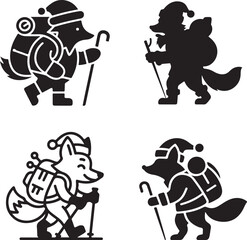 Cartoon Illustration of a Fox Dressed as Santa Claus with Hiking and Camping Gear, Perfect for Holiday Adventure and Outdoor Themed Designs