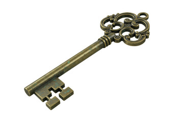 Isolated vintage ornate key with intricate designs, an antique-look instrument for opening locks