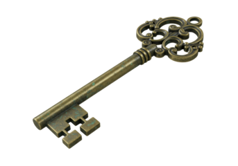 Isolated vintage ornate key with intricate designs, an antique-look instrument for opening locks
