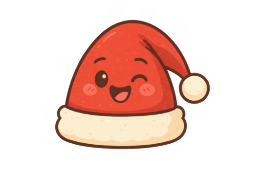 Happy santa claus hat character winking, cheerful symbol for christmas and winter holidays, transparent background
