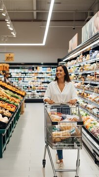 Smiling Woman with a Shopping Cart Walks Through the Fresh Produce Aisle in a Grocery Store