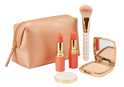 Isolated cosmetic bag with lipsticks, face powder compact, brush, luxury items for beauty