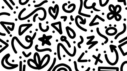 Black doodle pattern with abstract shapes. Playful black abstract doodle. Hand drawn abstract lines