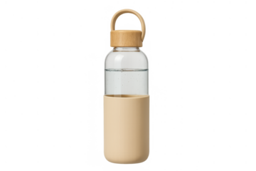 Reusable glass water bottle with wooden cap and beige silicone sleeve promoting sustainable hydration