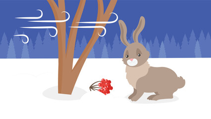Rabbit in the winter forest. Vector illustration in flat style.