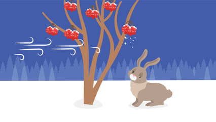 Rabbit in the winter forest. Vector illustration in flat style.