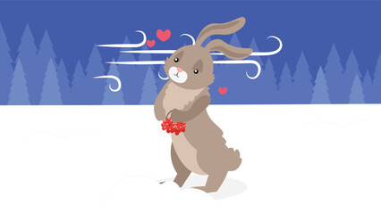 Rabbit in the winter forest with a red heart. Vector illustration