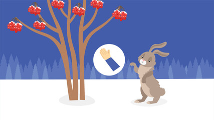 Rabbit in the winter forest with a red heart. Vector illustration