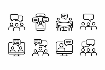 Communication methods for business meetings and social gatherings depicted as vector icons in a minimalist style ideal for websites and applications