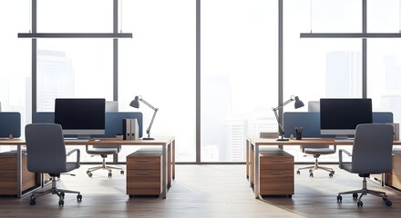 Modern office interior with desks, computers, and chairs by large windows