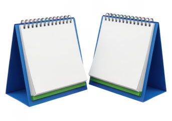Two blank spiral bound desk notepads with blue stands isolated on transparent background